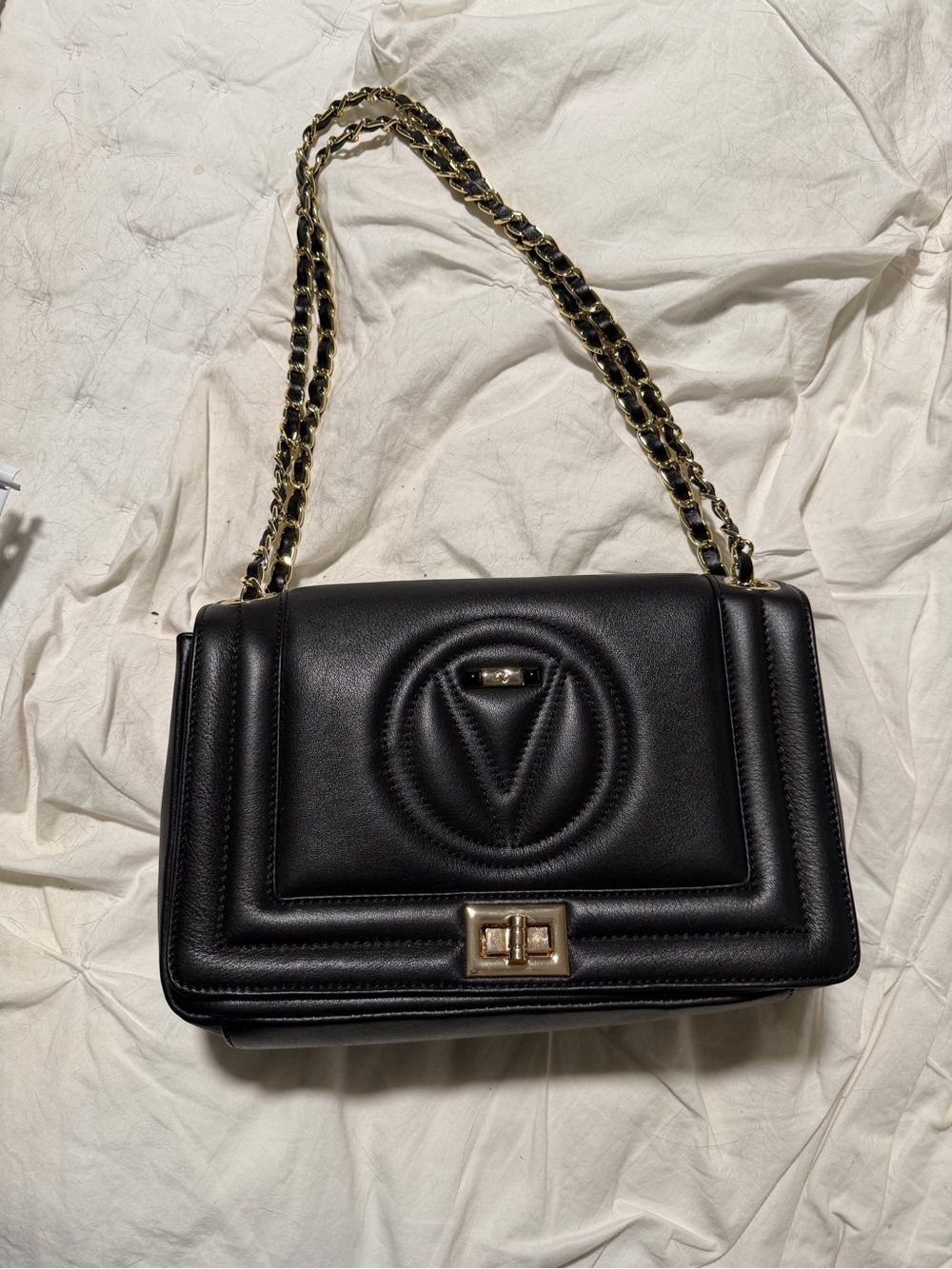 Mario Valentino Black and Gold Leather Bag with Quilted Chain
